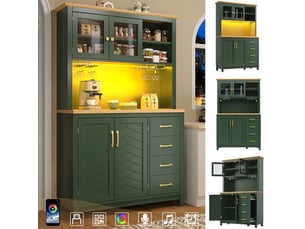 Armoire de cuisine, avec éclairage led, 105,5 x 40 x 180 cm, avec 4 portes, coloris vert et noir et blanc, pour maison et appartement