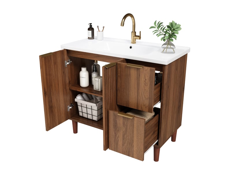  Meuble vasque salle de bains 91x47x87 cm, 2 portes, 2 tiroirs, coloris noyer  - Conforama A
