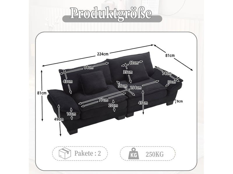  Canapé droit fixe 2 places en velours noir, assise profonde et accoudoirs rembourrés pour votre salon  - Conforama C