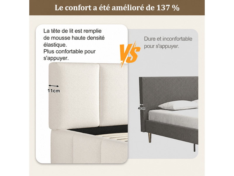  Lit plateforme 180x200 cm beige, tissu bouclé, tête de lit rembourrée 11 cm, sommier à lattes inclus, structure anti-glissement  - Conforama D