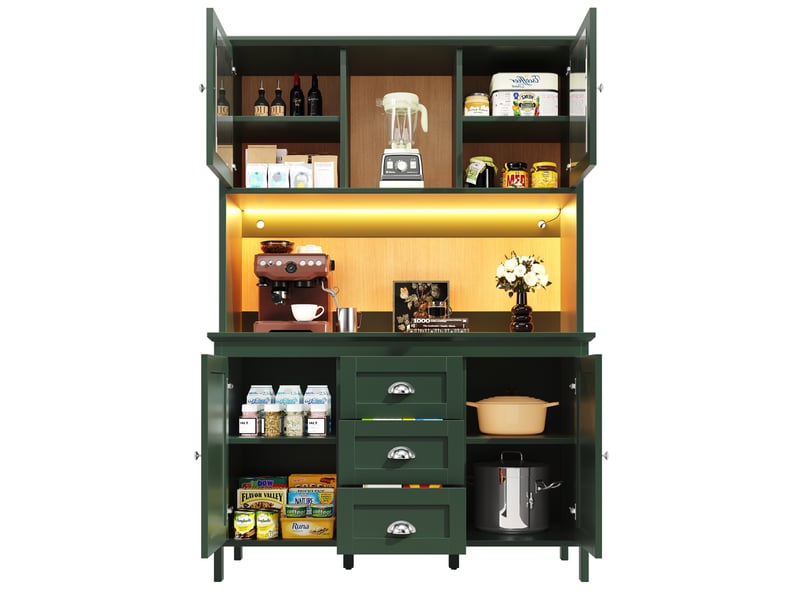  Buffet de cuisine 120 x 40 x 179 cm vert en mdf et métal, 4 portes 3 tiroirs, zone ouverte avec led  - Conforama A