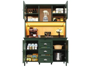 Buffet de cuisine 120 x 40 x 179 cm vert en mdf et métal, 4 portes 3 tiroirs, zone ouverte avec led