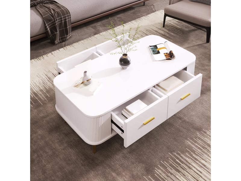  Table basse 4 tiroirs 105 x 51 x 38 cm en mdf blanc avec détails dorés  - Conforama E