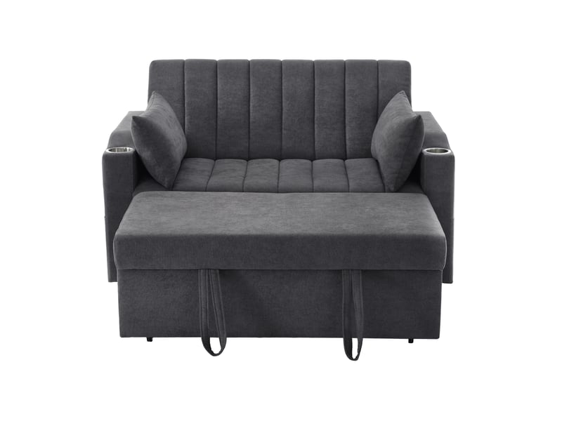 Canapé convertible 2 places avec dossier réglable 3 positions, porte-gobelets, poches latérales et 2 coussins en tissu gris 136 × 162 × 84 cm - Conforama A