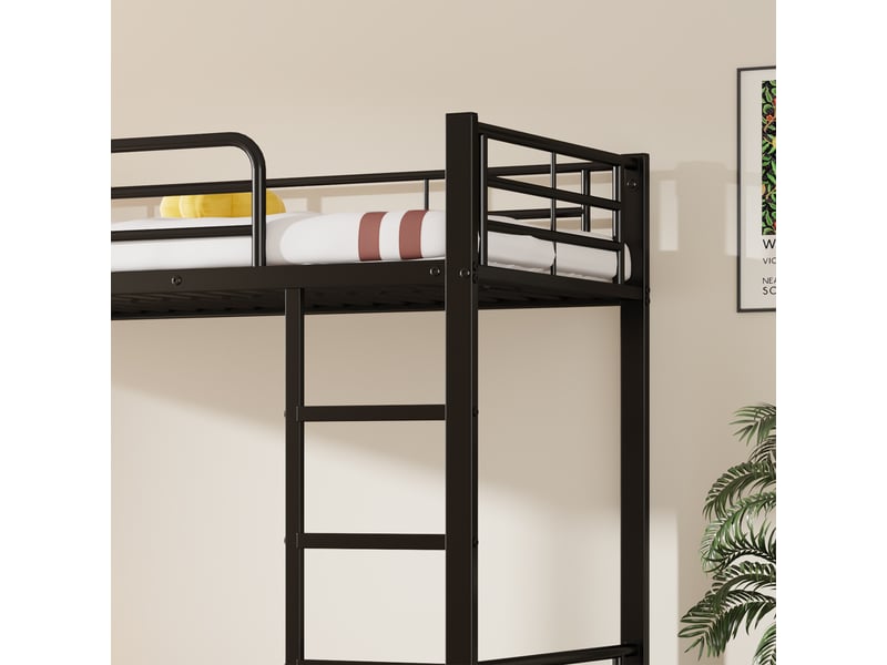  Lit superposé 2x90x200+90x190cm, lit gigogne avec escalier, barrière et sommiers, lit en métal, noir, sans matelas  - Conforama C