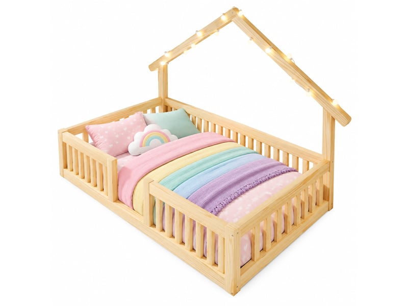  Lit enfant 90x200 cm avec barrière de sécurité et guirlande led en bois, coloris naturel  - Conforama A
