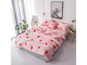Drap-housse - taie d'oreiller - housse de couette - 150x210 cm - polyester - imprimé fraise - pour lit 1,50 m - lot de 3 pièces