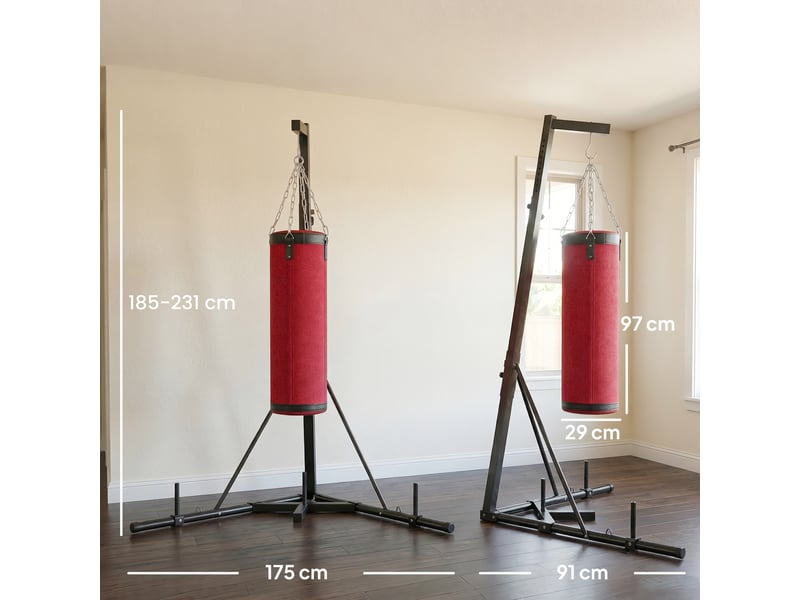Support de sac de frappe réglable avec base triangulaire et sac de frappe, en acier et toile, 175 x 91 x 185-231 cm, rouge - Conforama E