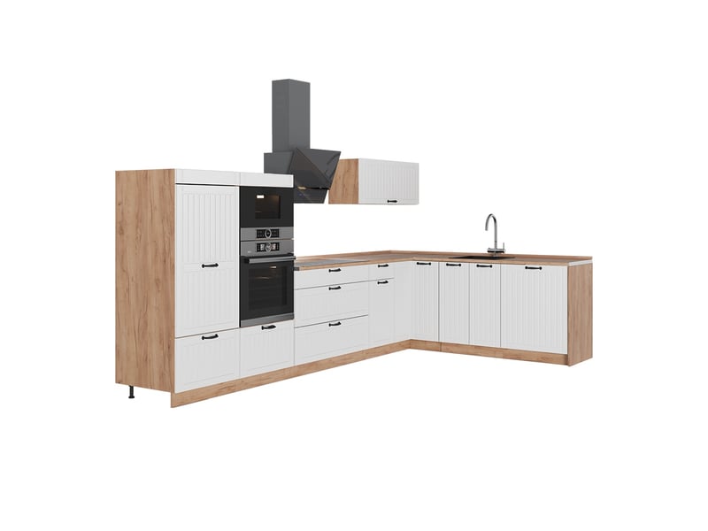  Vicco cuisine en angle, blanc campagnechêne de force doré, 347x60cm, pt chêne  - Conforama A