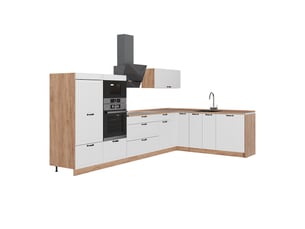 Vicco cuisine en angle, blanc campagnechêne de force doré, 347 x 207 cm, pt chêne