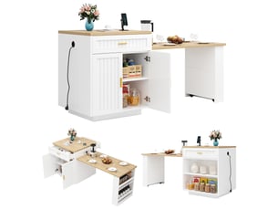 Îlot de cuisine extensible avec prise électrique intégrée, longueur réglable 121,5-192 cm, portes nervurées verticales, blanc