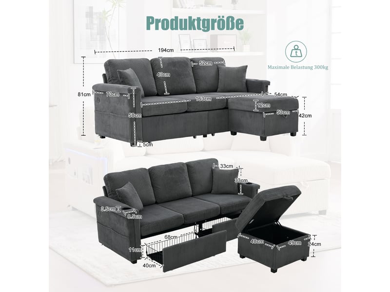  Canapé modulable avec pouf coffre 194 cm, 2 tiroirs de rangement, led, usb et usb-c, porte-gobelets, poches latérales, velours côtelé gris foncé Radiant Stride - Conforama C