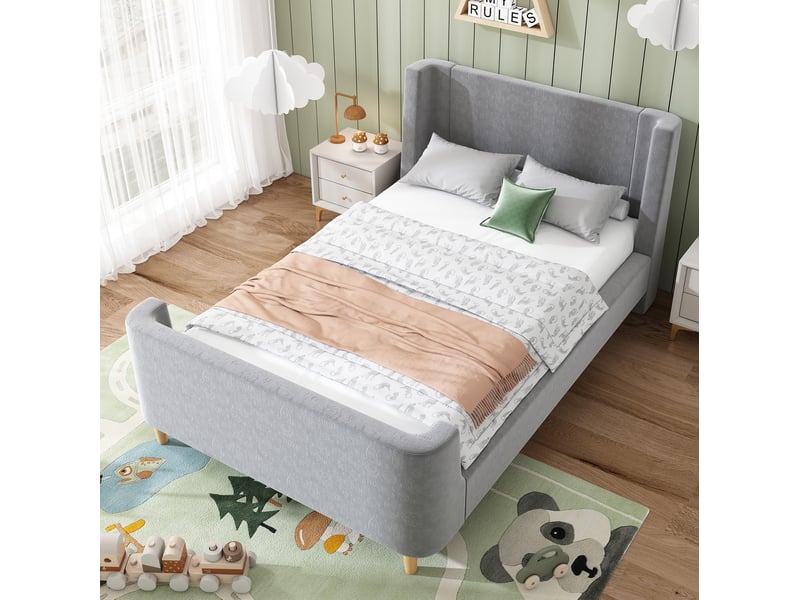  Lit enfant traîneau 90x200 cm gris en velours à motif spatial  - Conforama C