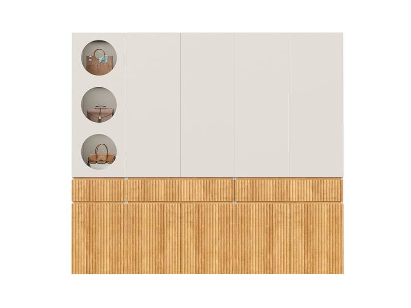  Armoire penderie 225 x 50 x 200 cm chêne clair et gris, mdf, 10 portes avec 3 tiroirs et 2 tringles  - Conforama E