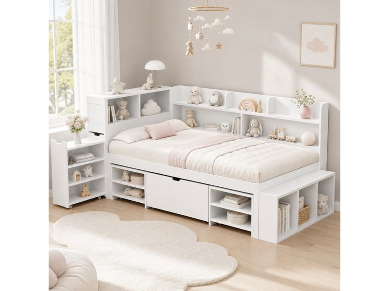 Lit enfant multifonctionnel 90 x 200 cm avec tiroir, bibliothèque et rangement blanc - Conforama B