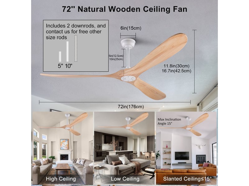  Ventilateur de plafond 183 cm sans éclairage bois massif blanc et naturel 6 vitesses télécommande silencieux minuterie et mémoire  - Conforama E