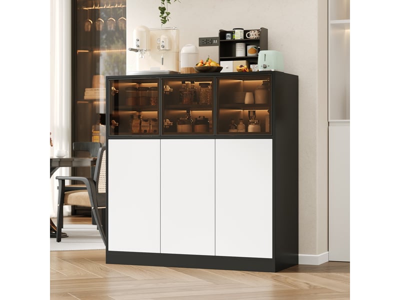  Buffet de cuisine noir et blanc 6 portes avec éclairage led 100 cm  - Conforama E
