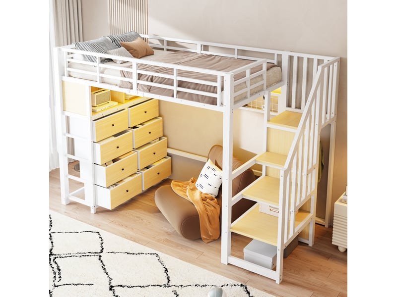  Lit mezzanine 90x200 cm en métal avec rangement et led couleur blanc  - Conforama E