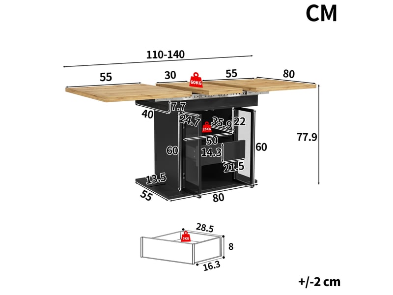  Table à manger extensible, 110x80x77,9 cm, avec espace de rangement, repas, plateau mdf, piètement métal, coloris noir  - Conforama C