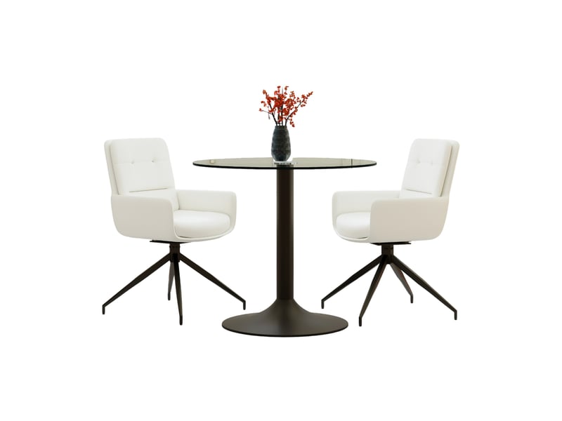  Ensemble table ronde diamètre 85 cm avec 2 fauteuils pivotants – transparent, blanc et noir – style chic  - Conforama A