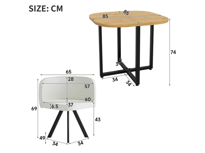  Table à manger et chaises carrée 85x74 cm, 4 places, coins arrondis, gain de place, mdf et lin, blanc et bois  - Conforama C