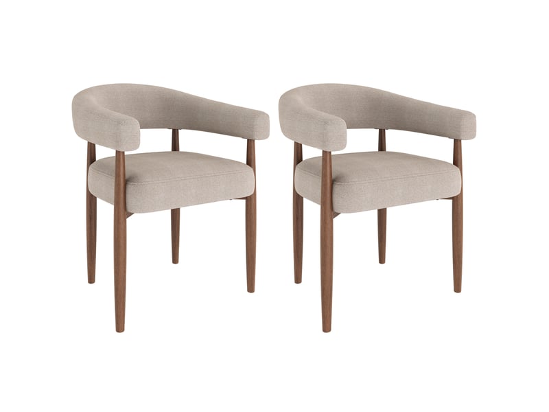  Lot de 2 chaises de salle à manger 60x59x75 cm, accoudoirs, dossier courbé, métal aspect noyer, chenille taupe  - Conforama A