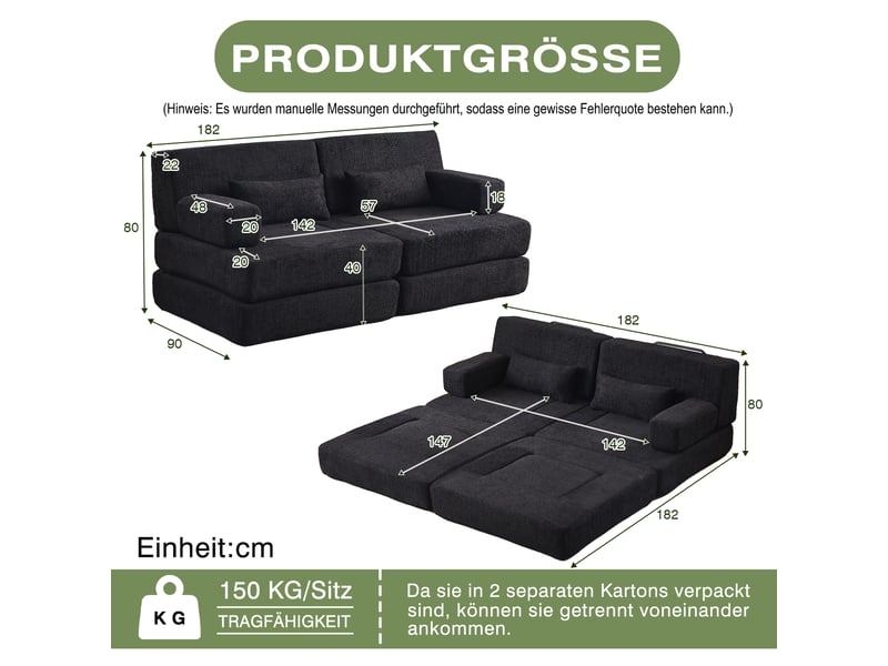  Canapé convertible 2-en-1 2 places 182 x 90 x 80 cm avec couchage pliant, dossier réglable et structure en fer, chenille, noir OMNIGLINT TRADING LTD - Conforama D