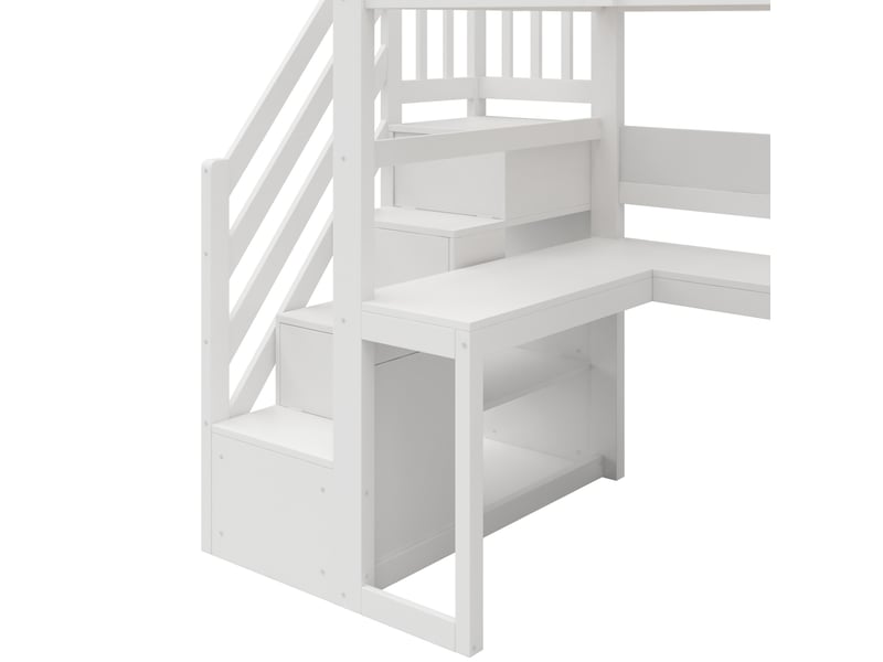  Lit mezzanine pour gamer 90x200 cm, bureau intégré, escalier rangement, led, port usb, mdf, blanc sans matelas  - Conforama E