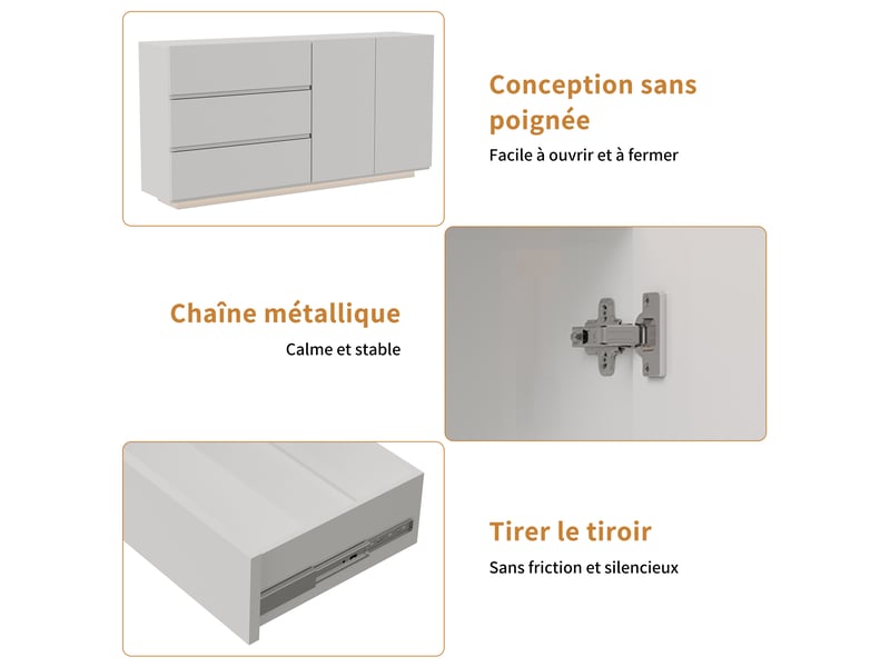  Kefsr buffet blanc brillant avec led - meuble tv &amp; bahut moderne 2 portes 3 tiroirs, sans poignée, design laqué pour salon, salle à manger et entrée (160x35x76cm)  - Conforama W