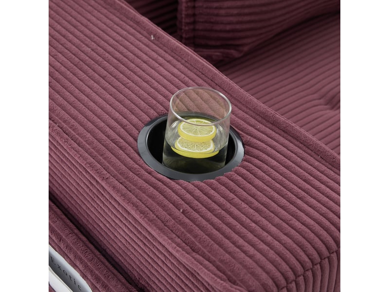  Canapé 2 places rouge vin en velours côtelé 162 × 78 × 66 cm, 2 coussins, pouf, rangement latéral et porte-gobelets  - Conforama C