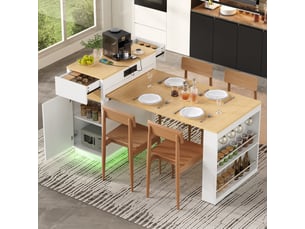 Îlot de cuisine à roulettes avec table extensible, led, prises et crochets, desserte ou bar, blanc
