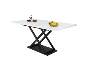 Table à manger rectangulaire extensible 120-160 x 80 cm, plateau mdf effet marbre blanc, pieds croisés en métal noir, 6 à 8 places, moderne