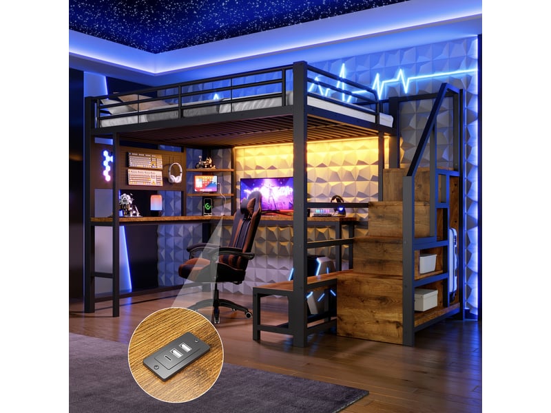  Lit mezzanine 140x200 cm noir, avec bureau, rangements, panneau perforé, échelle, led, usb-c, structure métal, sommier inclus, sans matelas  - Conforama B