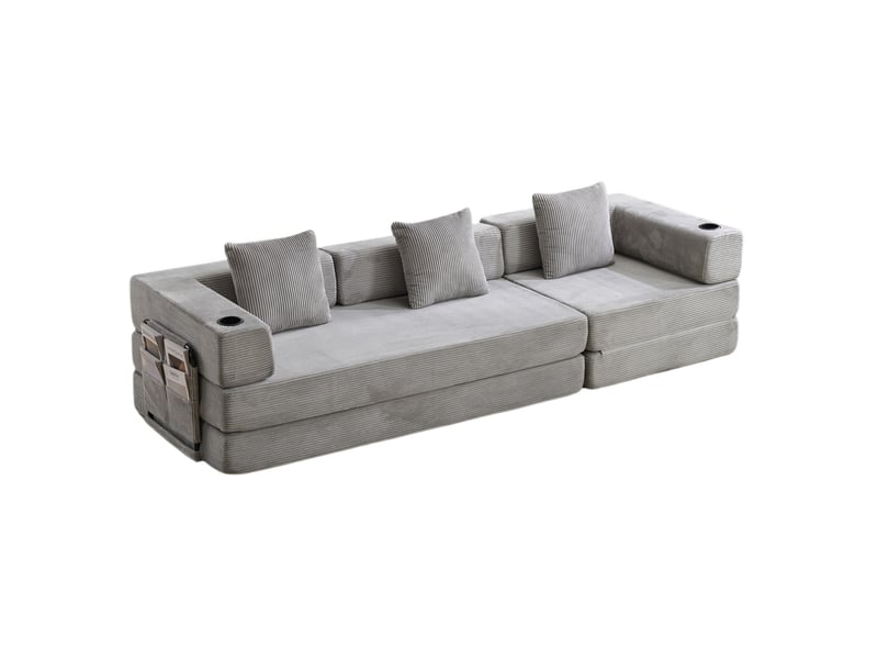 Canapé conversion au sol - sofa convertible et lit convertible en tissu velours gris clair, avec soutien-dos en oreiller, accoudoirs et rangement latéral, pour salon et chambre - Conforama A