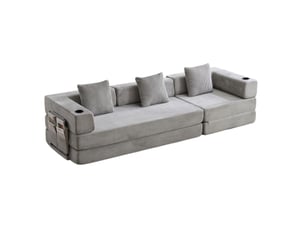 Canapé conversion au sol - sofa convertible et lit convertible en tissu velours gris clair, avec soutien-dos en oreiller, accoudoirs et rangement latéral, pour salon et chambre