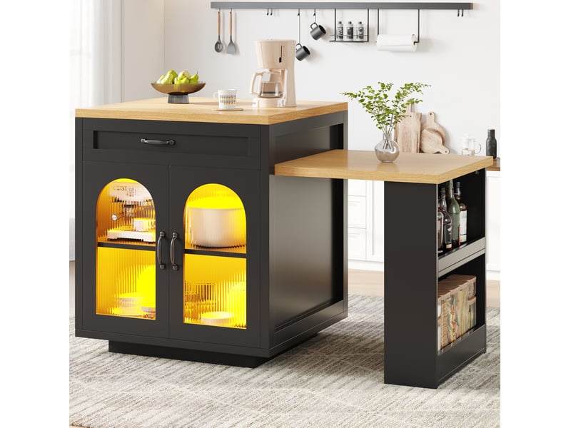  Desserte de cuisine extensible avec 2 tiroirs 2 portes en verre rainuré et led pour cuisine et salle à manger en mdf noir  - Conforama D