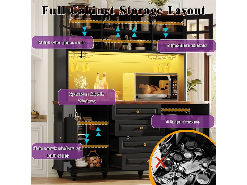  Buffet haut, coloris noir, 140 × 40 × 179,5 cm, mdf, métal et pieds en hévéa, led rgb, porte-verres métal, 4 tiroirs  - Conforama C