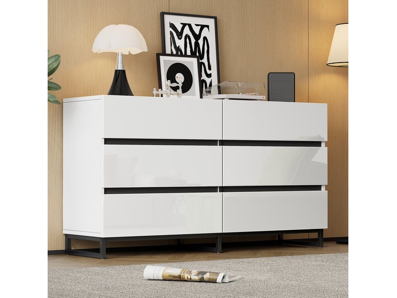  Commode bas 6 tiroirs 140 x 39,5 x 78,5 cm rangement optimal pieds métal symétrie 60kg panneau particules blanc et noir  - Conforama D
