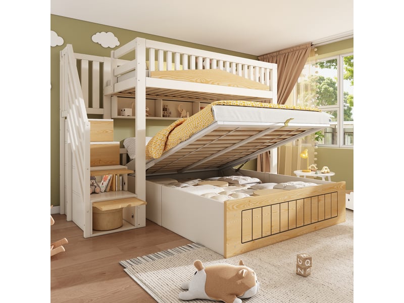  Lit superposé enfant 3 palces 140x200 cm avec armoire et port usb-c, lit coffre enfant avec sécurité renforcée, blanc et naturel, sommier à lattes OPULERANE TRADING LTD - Conforama B