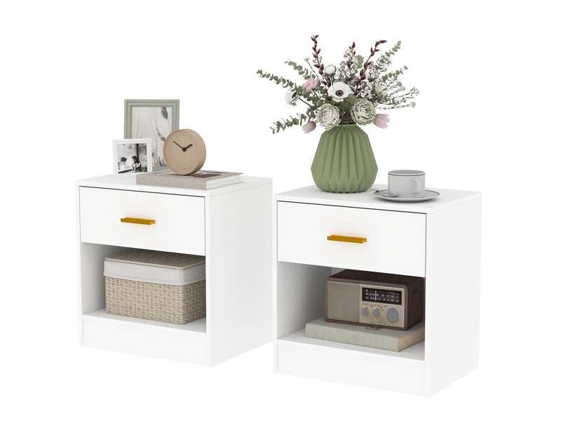  Lot de 2 tables de chevet, table de nuit avec 2 tiroirs et étagères ouvertes, style moderne, 39 x 28 x 41 cm, blanc  - Conforama B