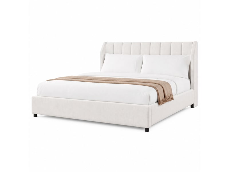  Lit plateforme 180x200 cm, sans matelas, 2 coussins, tête de lit à lignes verticales, en velours français beige  - Conforama A