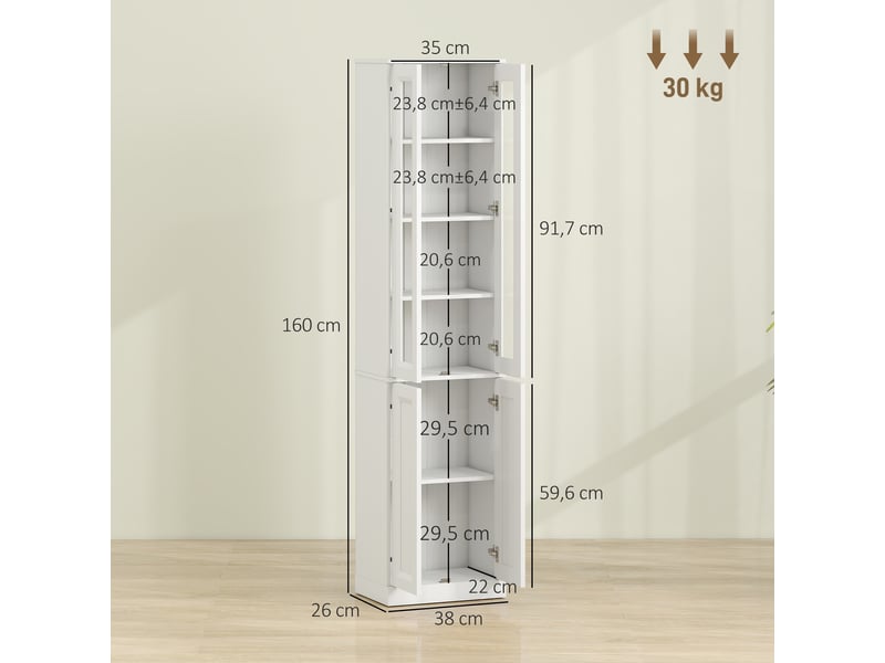  Meuble de salle de bain à 6 niveaux, unité de rangement avec 4 portes à fermeture amortie et étagères réglables, blanc  - Conforama E