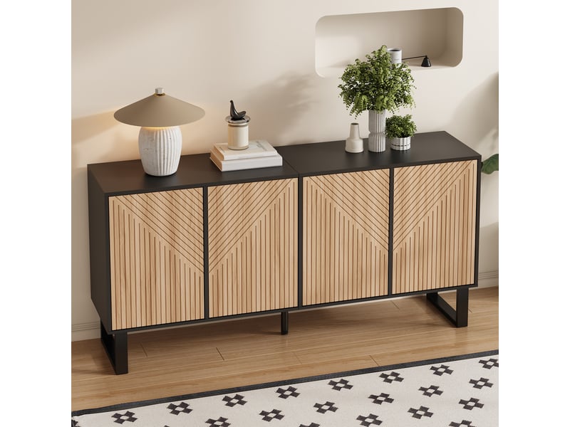  Buffet design contemporain noir et bois, meuble bas rangement 160x38x75 cm, structure métallique robuste  - Conforama W