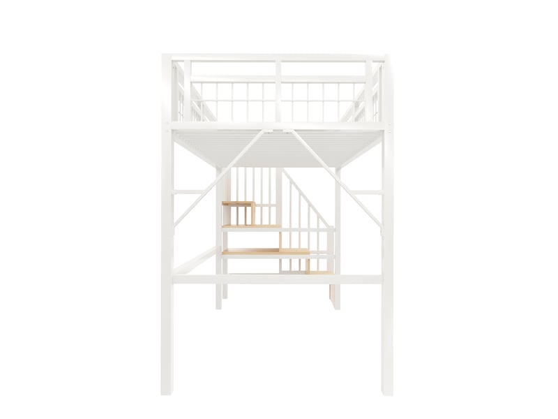 Lit mezzanine blanc 90x200 cm en métal avec escalier rangement et led, sans matelas - Conforama D
