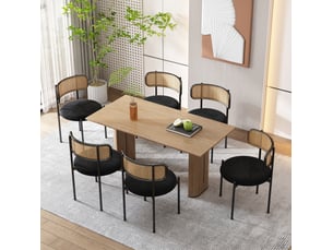 Lot de 6 chaises 51x51x75 cm, dossier rotin, couleur noire, assise en velours, pieds métal, pour salle à manger