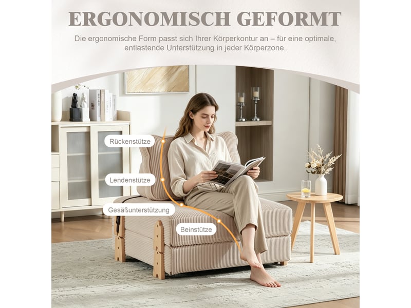  Fauteuil convertible lit escamotable design scandinave cord khaki structure bois 90x86x84 cm  - Conforama E