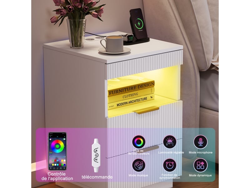  Table de chevet style luxe blanc à texture cannelée 60×40×40 cm, 2 tiroirs avec tiroir caché, éclairage led rgb, station de charge prises secteur, usb‑a et usb‑c, compartiment de rangement ouvert  - Conforama D