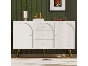 Buffet bas, commode de rangement avec 2 portes et 3 tiroirs pour salon et chambre, meuble en bois et pieds en métal moderne l140xh84xp40 cm, blanc crème