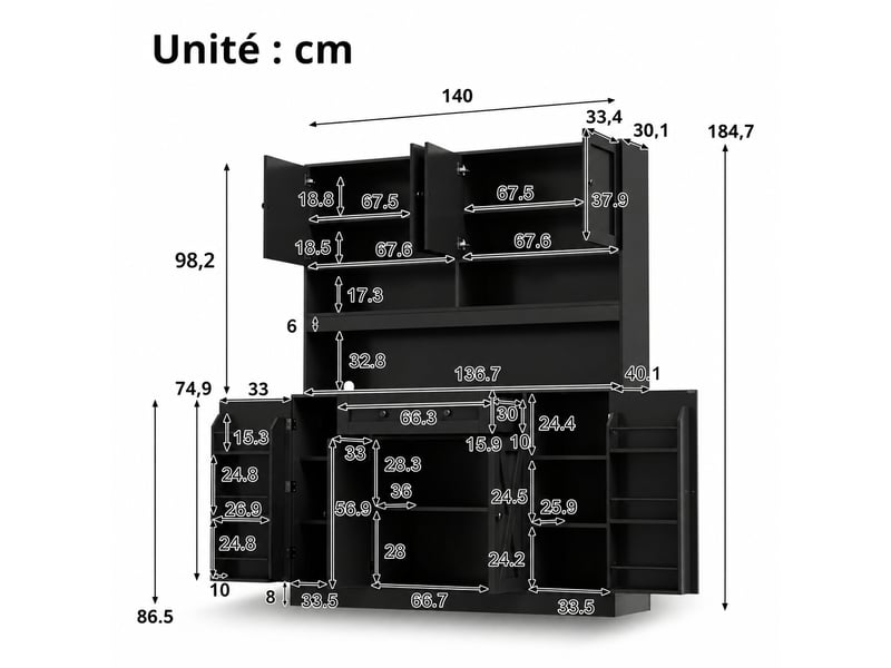  Meuble de cuisine muvano, buffet de cuisine noir avec plan de travail et prise électrique, 140 × 40 × 185 cm  - Conforama W