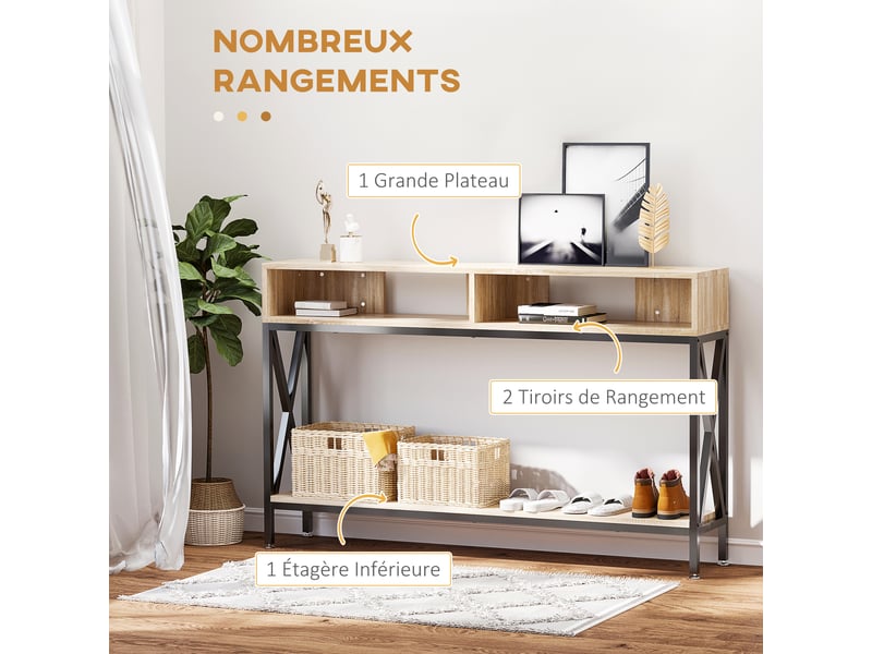  Console d'entrée avec étagère et niches coloris chêne et métal 120 x 23,5 x 75 cm  - Conforama D